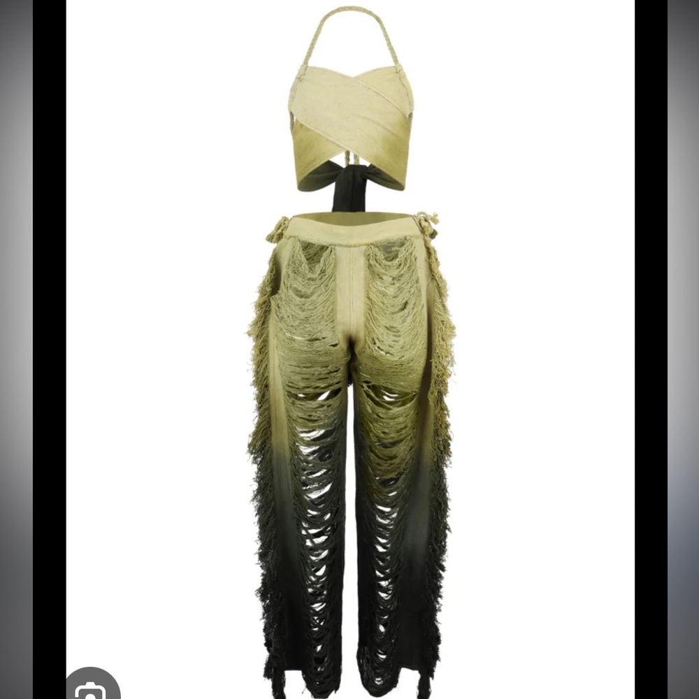 Shredded Fringe Pants in Olive and light green with Top